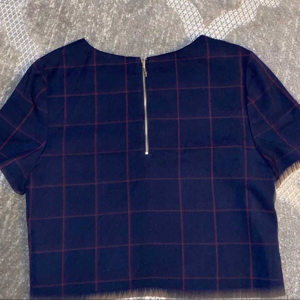 Dorothy Perkins Navy Red Plaid Crop Blouse Top Zipper detail in back